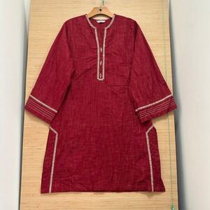 Sapphire Red Khaddar Kurta Embroidered Split Neck Tunic Womens Small Pakistani